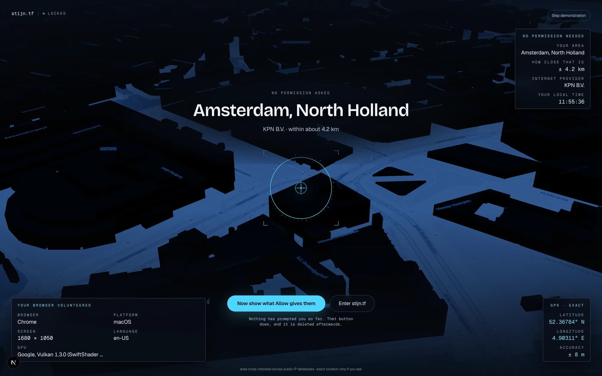 The intro's readout: IP address, area, provider, browser details and exact coordinates over a dark 3D map.